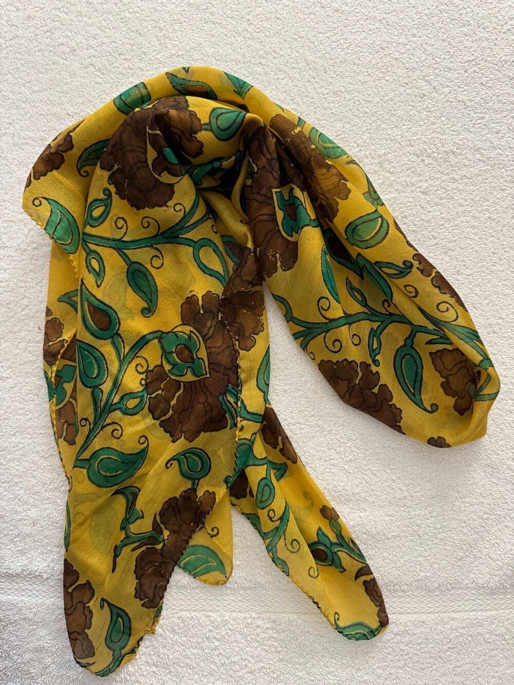 Vintage Majelli Pure Silk Yellow Floral Scarf, India